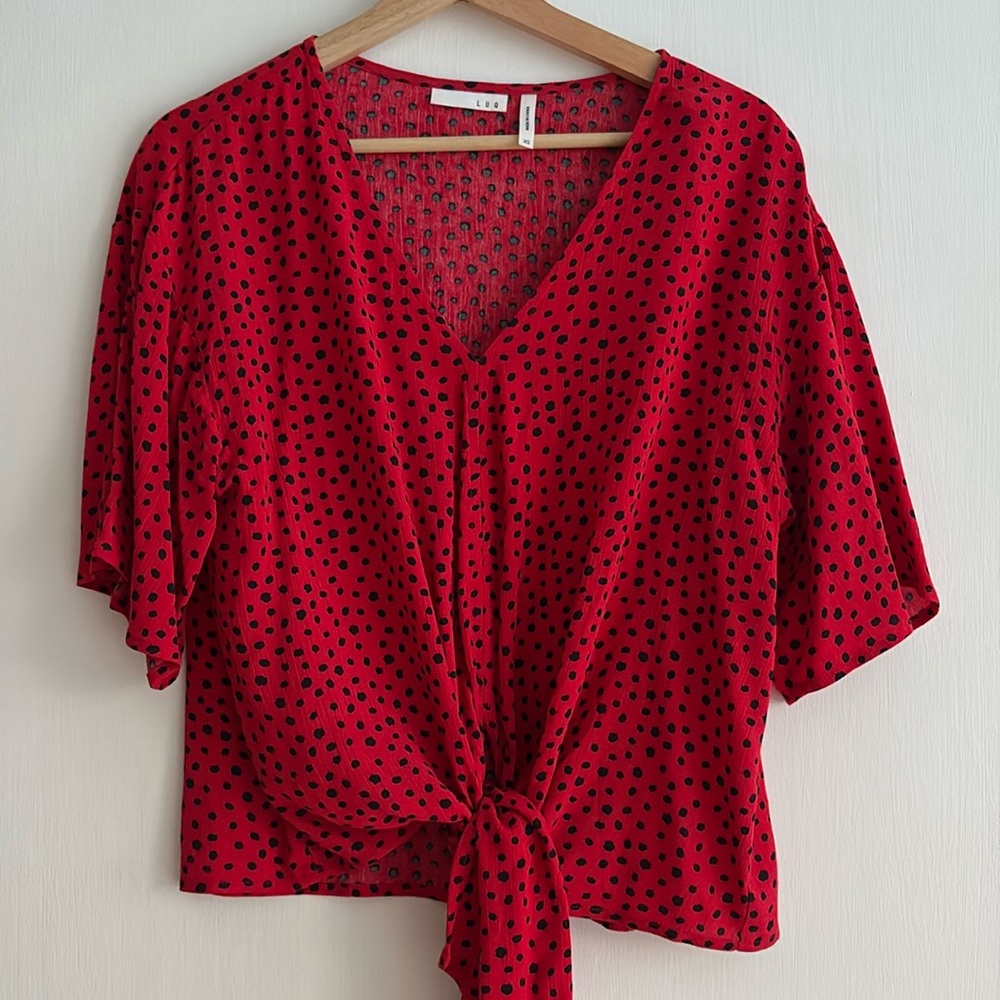 Red, black dot pattern tie waist top, LUQ, Size XS